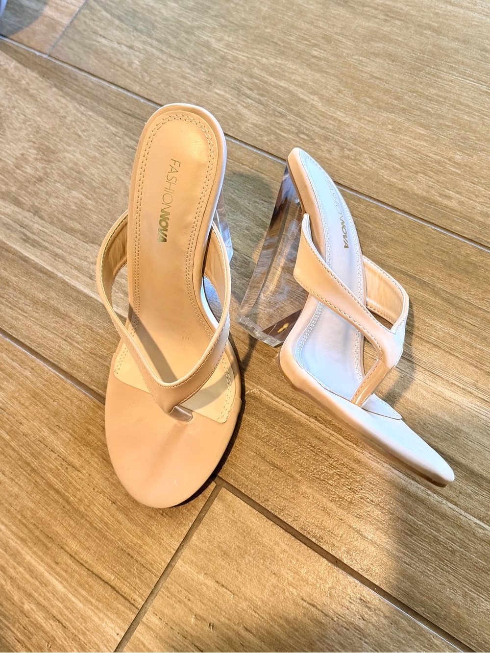 Fashion Nova Beige Clear Block Heel Thong Sandals